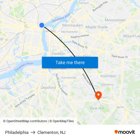 Philadelphia to Clementon, NJ map