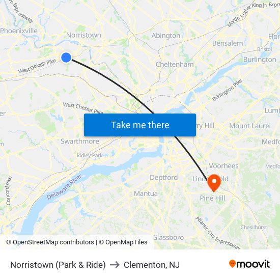 Norristown (Park & Ride) to Clementon, NJ map