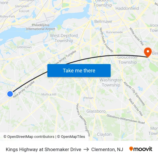 Kings Highway at Shoemaker Drive to Clementon, NJ map