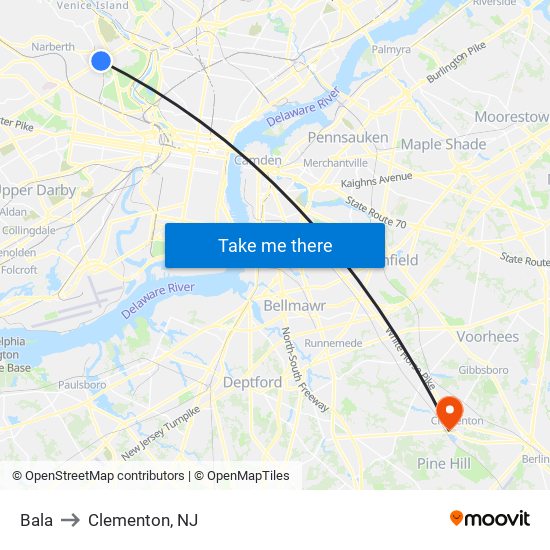 Bala to Clementon, NJ map