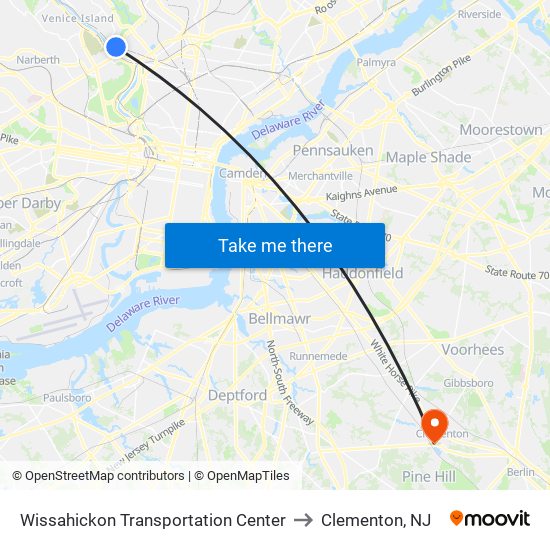 Wissahickon Transportation Center to Clementon, NJ map