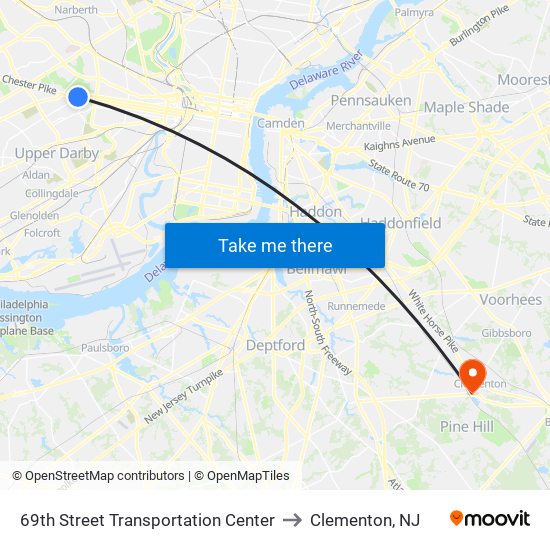 69th Street Transportation Center to Clementon, NJ map