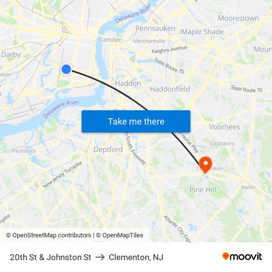 20th St & Johnston St to Clementon, NJ map