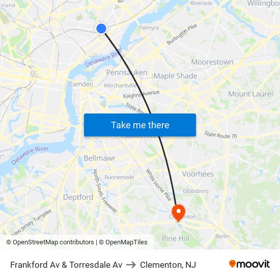 Frankford Av & Torresdale Av to Clementon, NJ map