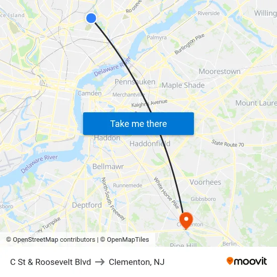 C St & Roosevelt Blvd to Clementon, NJ map