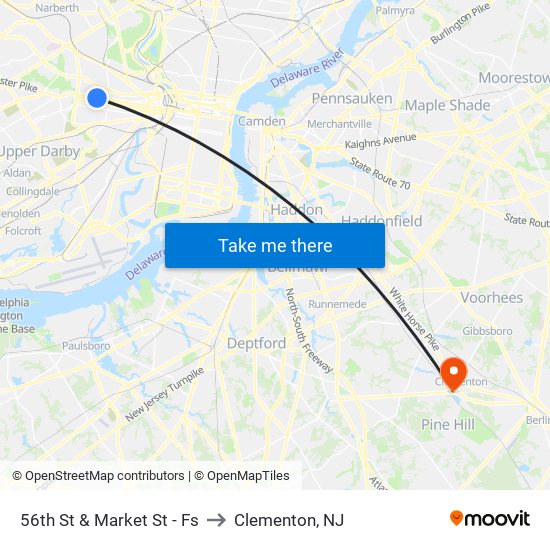 56th St & Market St - Fs to Clementon, NJ map