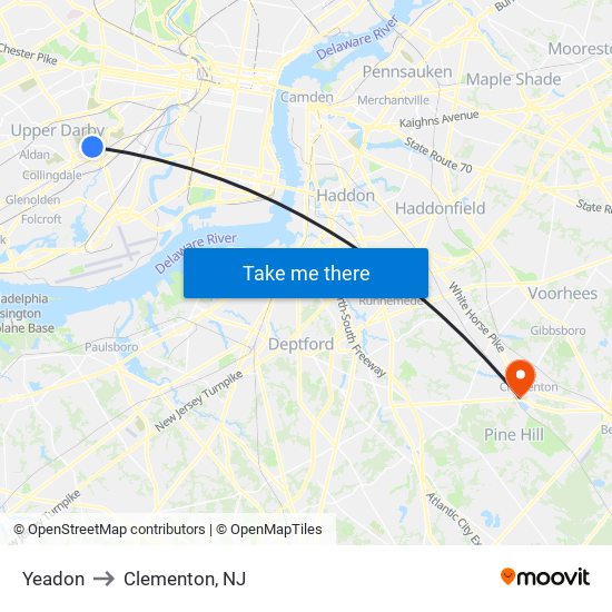Yeadon to Clementon, NJ map