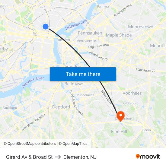 Girard Av & Broad St to Clementon, NJ map