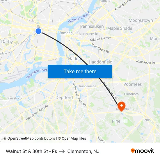 Walnut St & 30th St - Fs to Clementon, NJ map