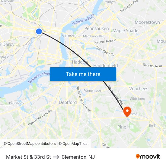 Market St & 33rd St to Clementon, NJ map