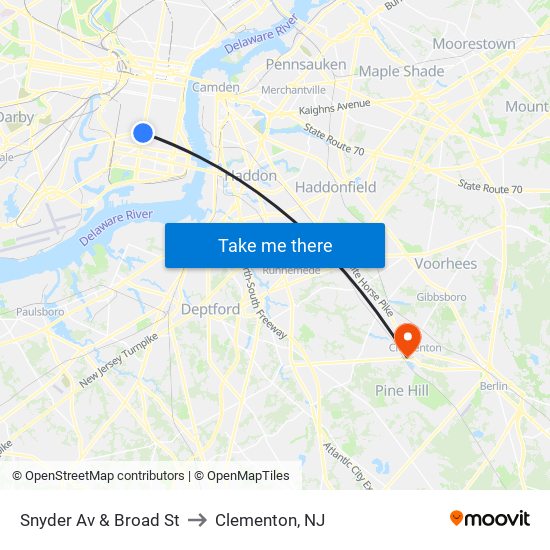 Snyder Av & Broad St to Clementon, NJ map