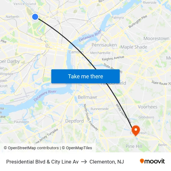 Presidential Blvd & City Line Av to Clementon, NJ map