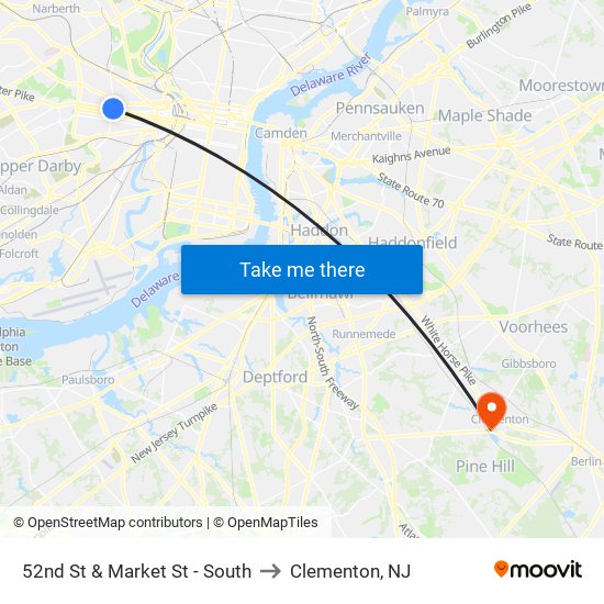 52nd St & Market St - South to Clementon, NJ map