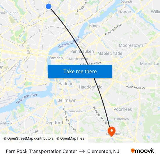 Fern Rock Transportation Center to Clementon, NJ map