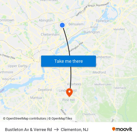 Bustleton Av & Verree Rd to Clementon, NJ map