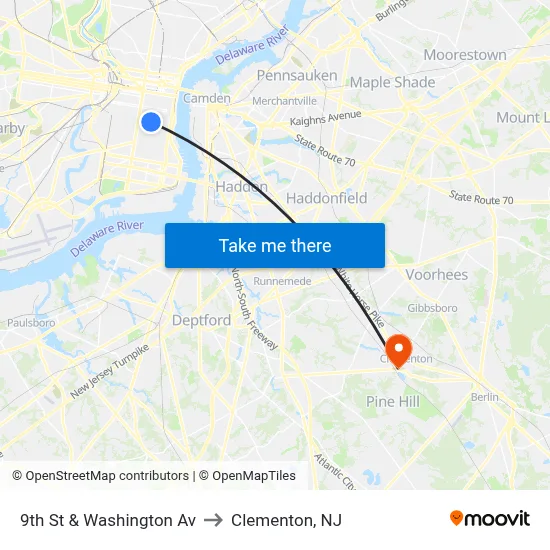 9th St & Washington Av to Clementon, NJ map