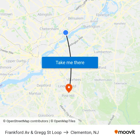 Frankford Av & Gregg St Loop to Clementon, NJ map