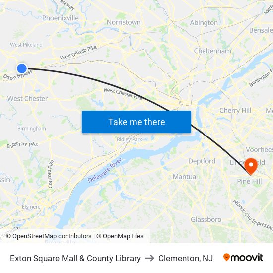 Exton Square Mall & County Library to Clementon, NJ map