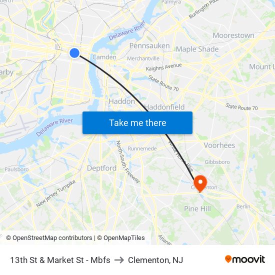 13th St & Market St - Mbfs to Clementon, NJ map