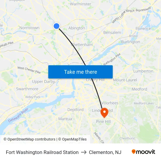 Fort Washington Railroad Station to Clementon, NJ map