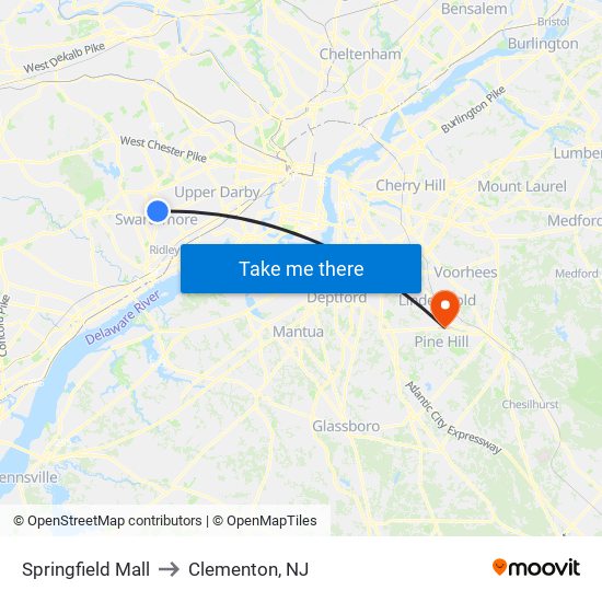 Springfield Mall to Clementon, NJ map