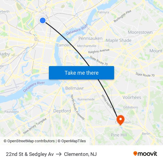 22nd St & Sedgley Av to Clementon, NJ map