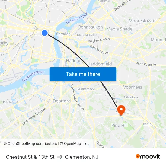 Chestnut St & 13th St to Clementon, NJ map
