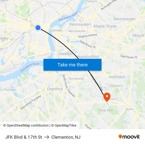 JFK Blvd & 17th St to Clementon, NJ map