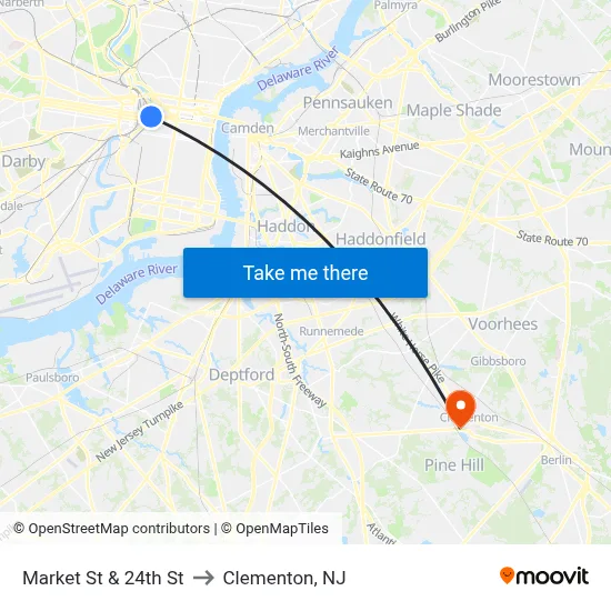 Market St & 24th St to Clementon, NJ map