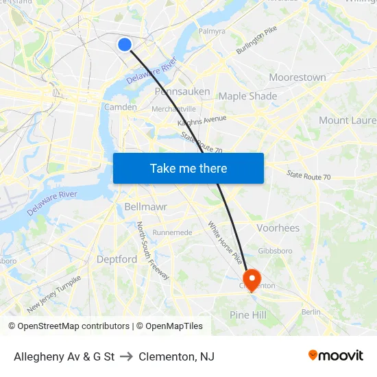 Allegheny Av & G St to Clementon, NJ map