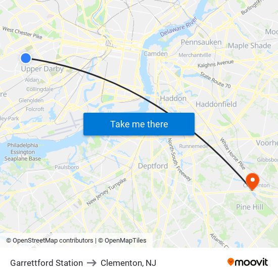 Garrettford Station to Clementon, NJ map