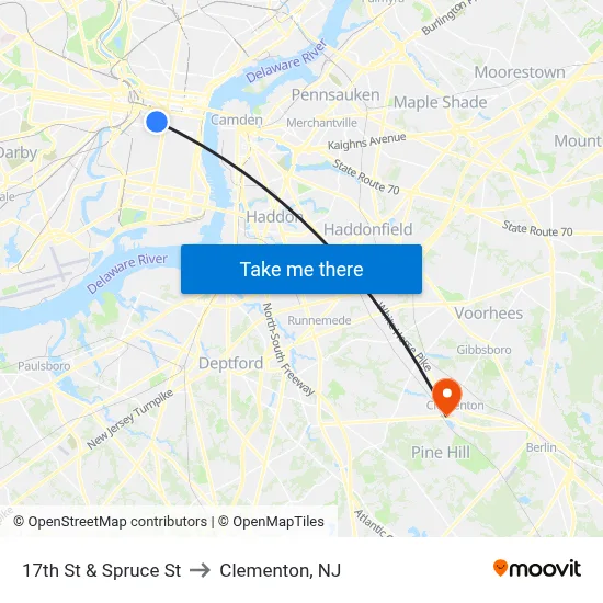 17th St & Spruce St to Clementon, NJ map