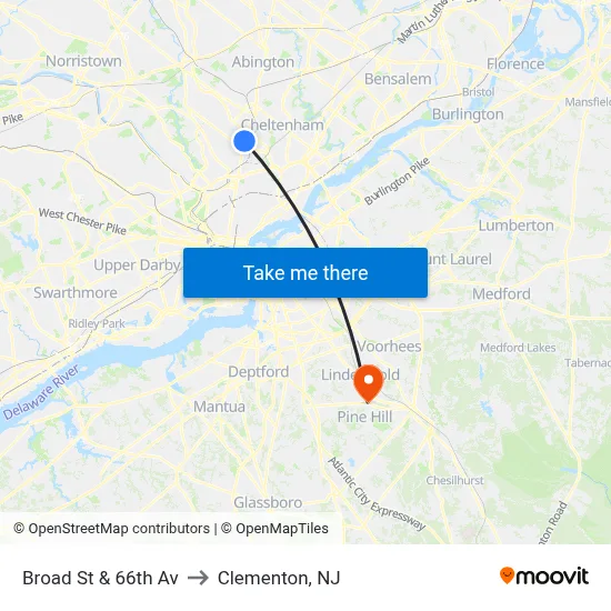 Broad St & 66th Av to Clementon, NJ map