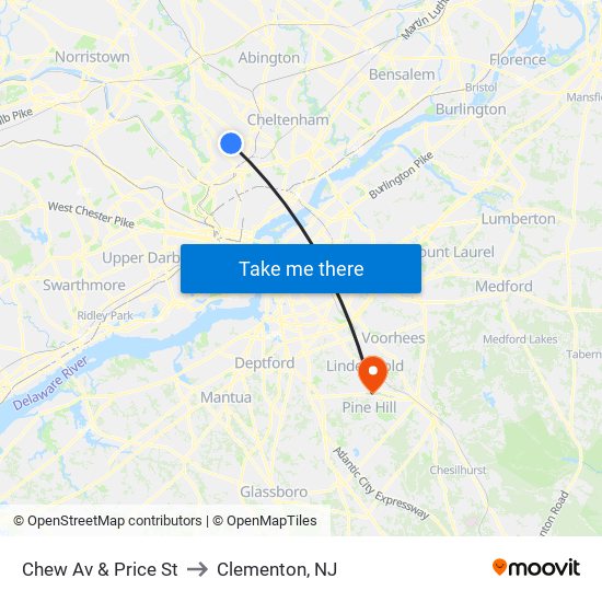 Chew Av & Price St to Clementon, NJ map