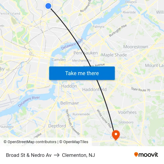 Broad St & Nedro Av to Clementon, NJ map