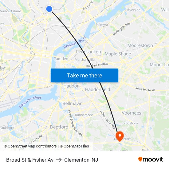 Broad St & Fisher Av to Clementon, NJ map