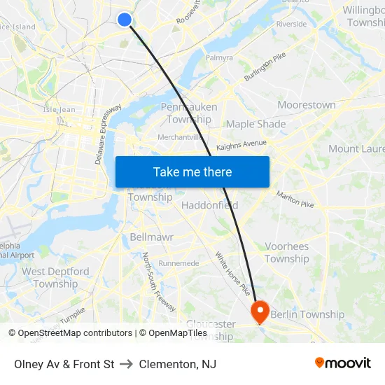 Olney Av & Front St to Clementon, NJ map