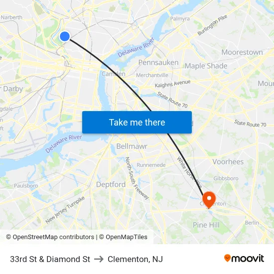 33rd St & Diamond St to Clementon, NJ map
