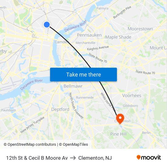 12th St & Cecil B Moore Av to Clementon, NJ map