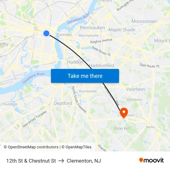 12th St & Chestnut St to Clementon, NJ map
