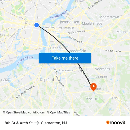 8th St & Arch St to Clementon, NJ map