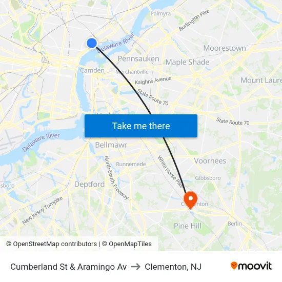 Cumberland St & Aramingo Av to Clementon, NJ map