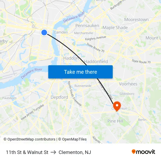 11th St & Walnut St to Clementon, NJ map