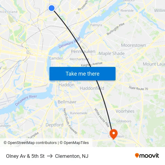 Olney Av & 5th St to Clementon, NJ map