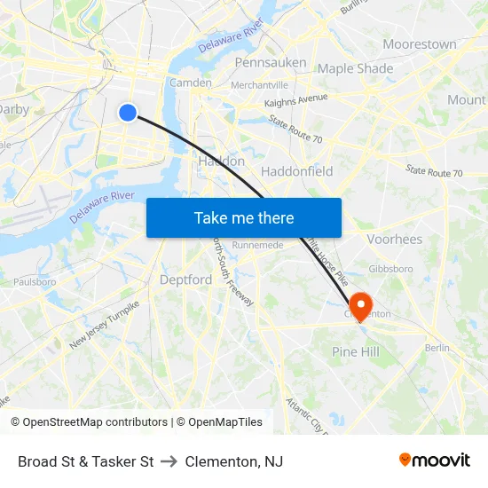 Broad St & Tasker St to Clementon, NJ map