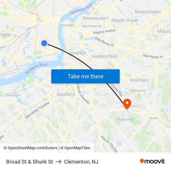 Broad St & Shunk St to Clementon, NJ map