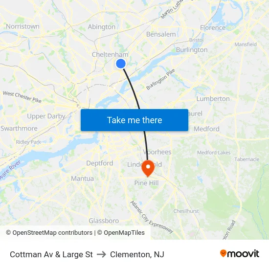 Cottman Av & Large St to Clementon, NJ map