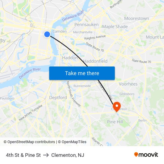 4th St & Pine St to Clementon, NJ map