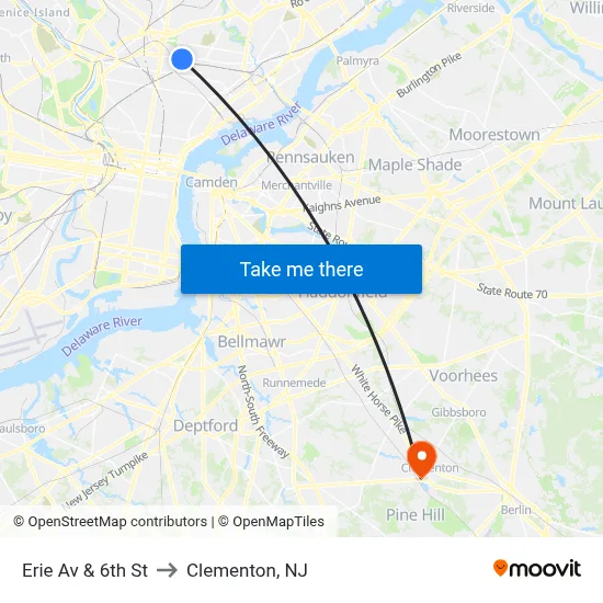 Erie Av & 6th St to Clementon, NJ map