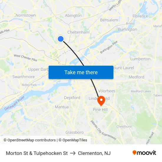 Morton St & Tulpehocken St to Clementon, NJ map